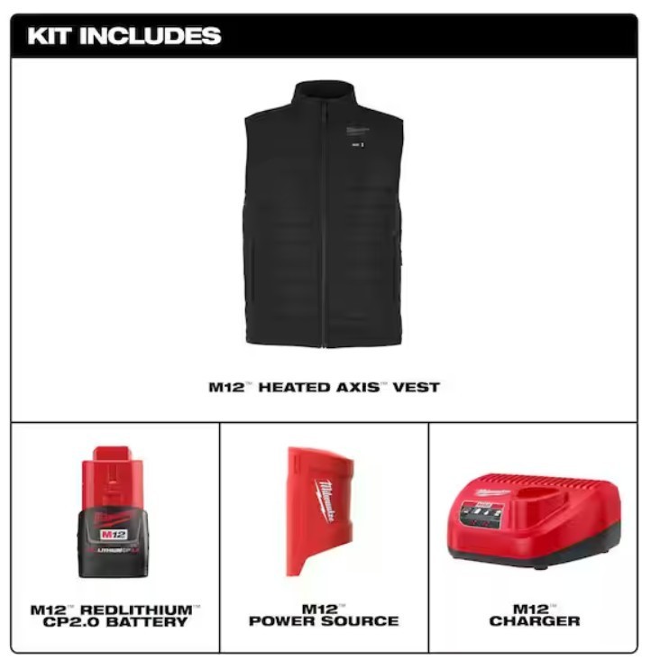 NEW Milwaukee Men's LARGE M12 Axis Black Heated Vest Kit M300B-21L