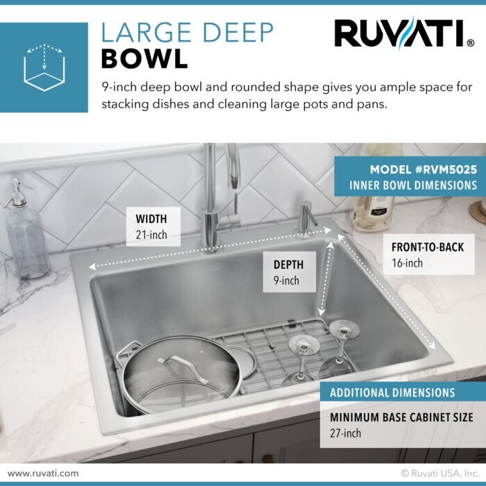 Ruvati 25"x22" Drop-in Topmount 16 Gauge Single Bowl Kitchen Sink- RVM5025