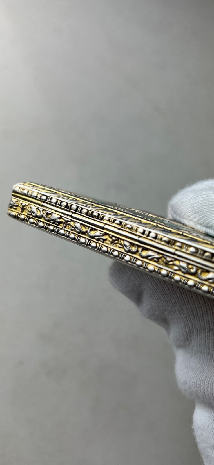 German Parcel Gilt 800 Silver & Enameled Rectangular Snuff Box w/ Courting Scene