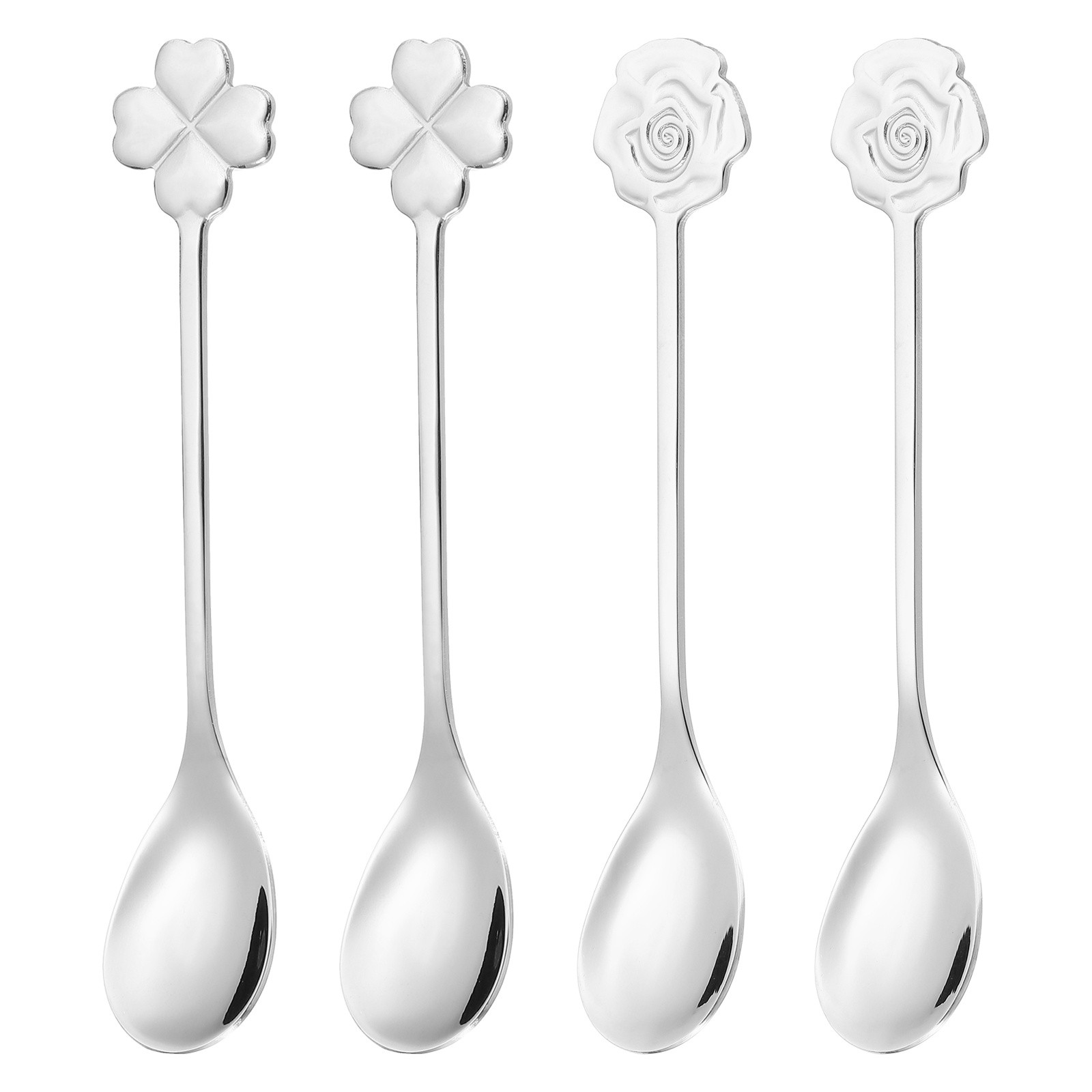 4pcs Coffee Spoons, Rose/Four Leaf Grass Tea Spoons Stainless Steel, Silver