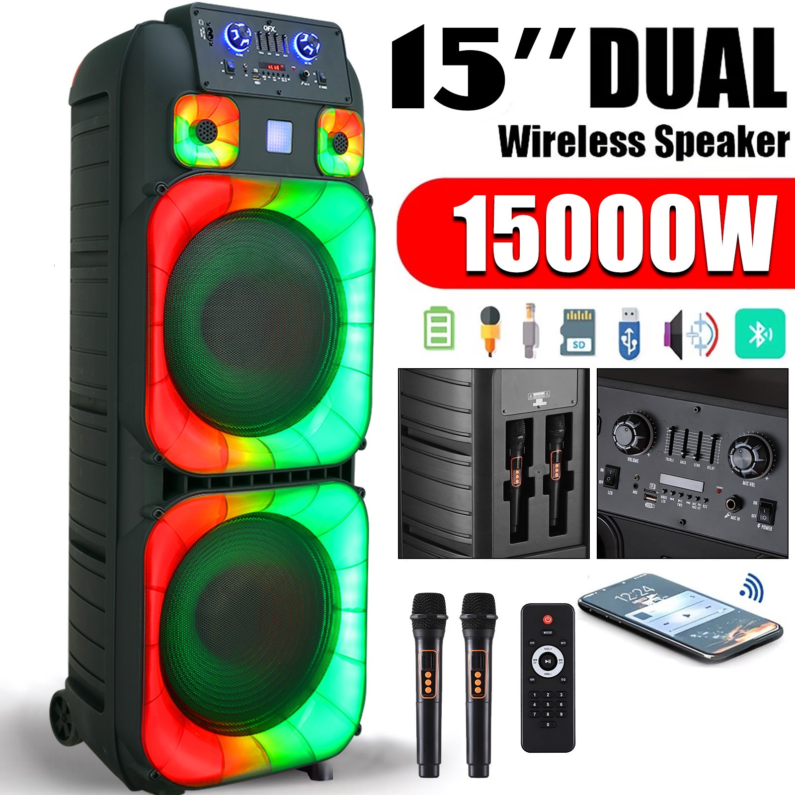 Portable Bluetooth Party Speaker PA System with Dual 15'' Subwoofer 2 Microphone