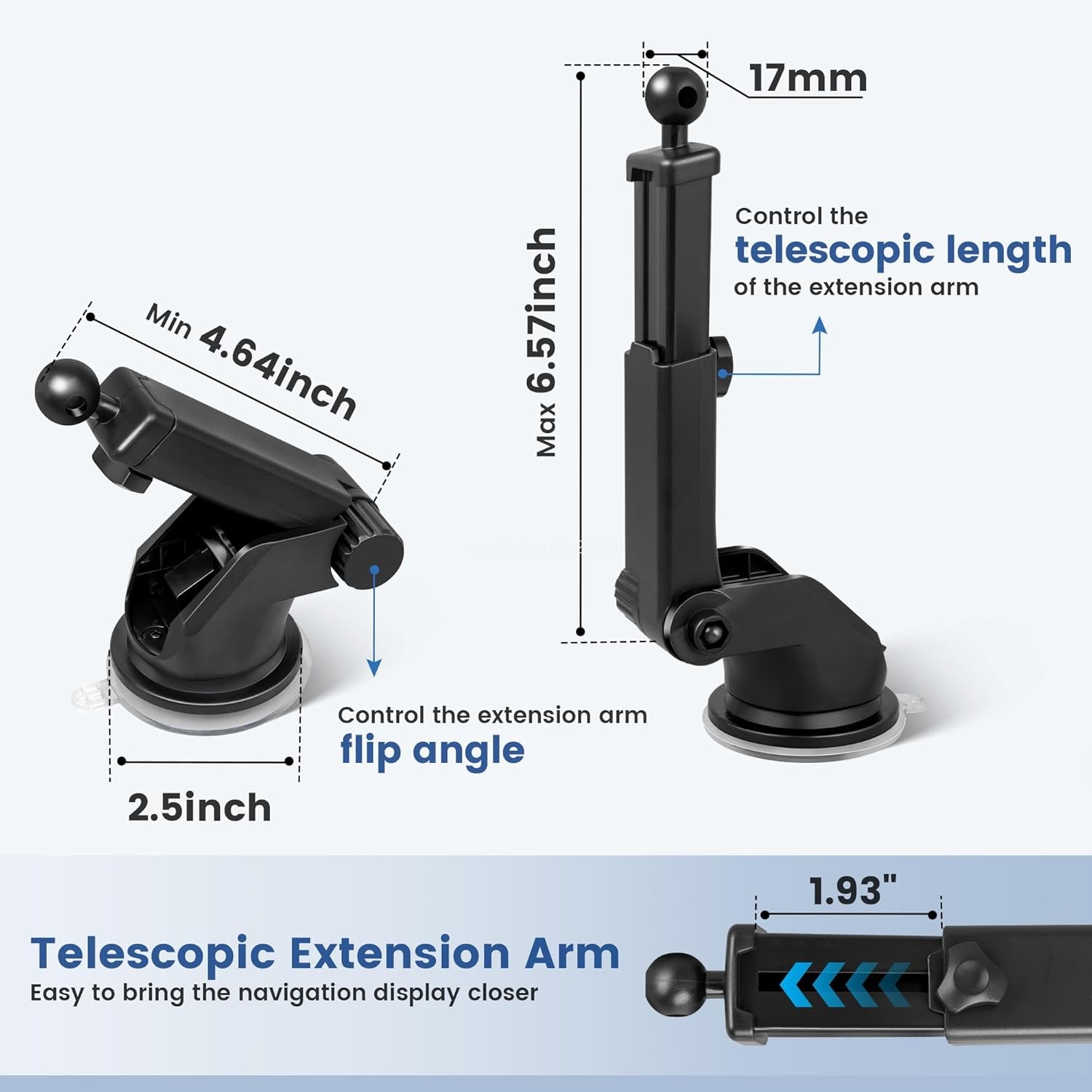 GPS Holder Suction Cup w/ Telescopic Arm for Garmin Dashboard & Windshield Mount