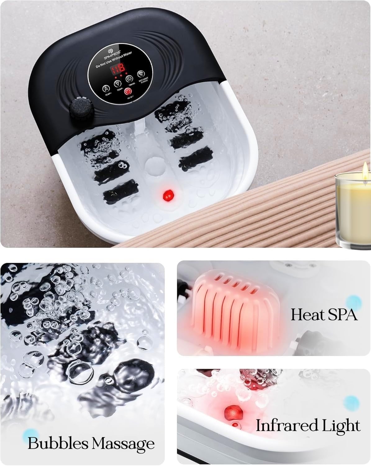 SPA4PIEDS Collapsible Heated Foot Spa w/ Bubble & Red Light Temperature Control