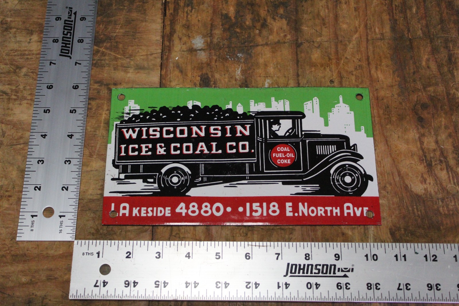 RARE WISCONSIN ICE AND COAL DEALER PORCELAIN METAL SIGN TRUCK GAS OIL MILWAUKEE