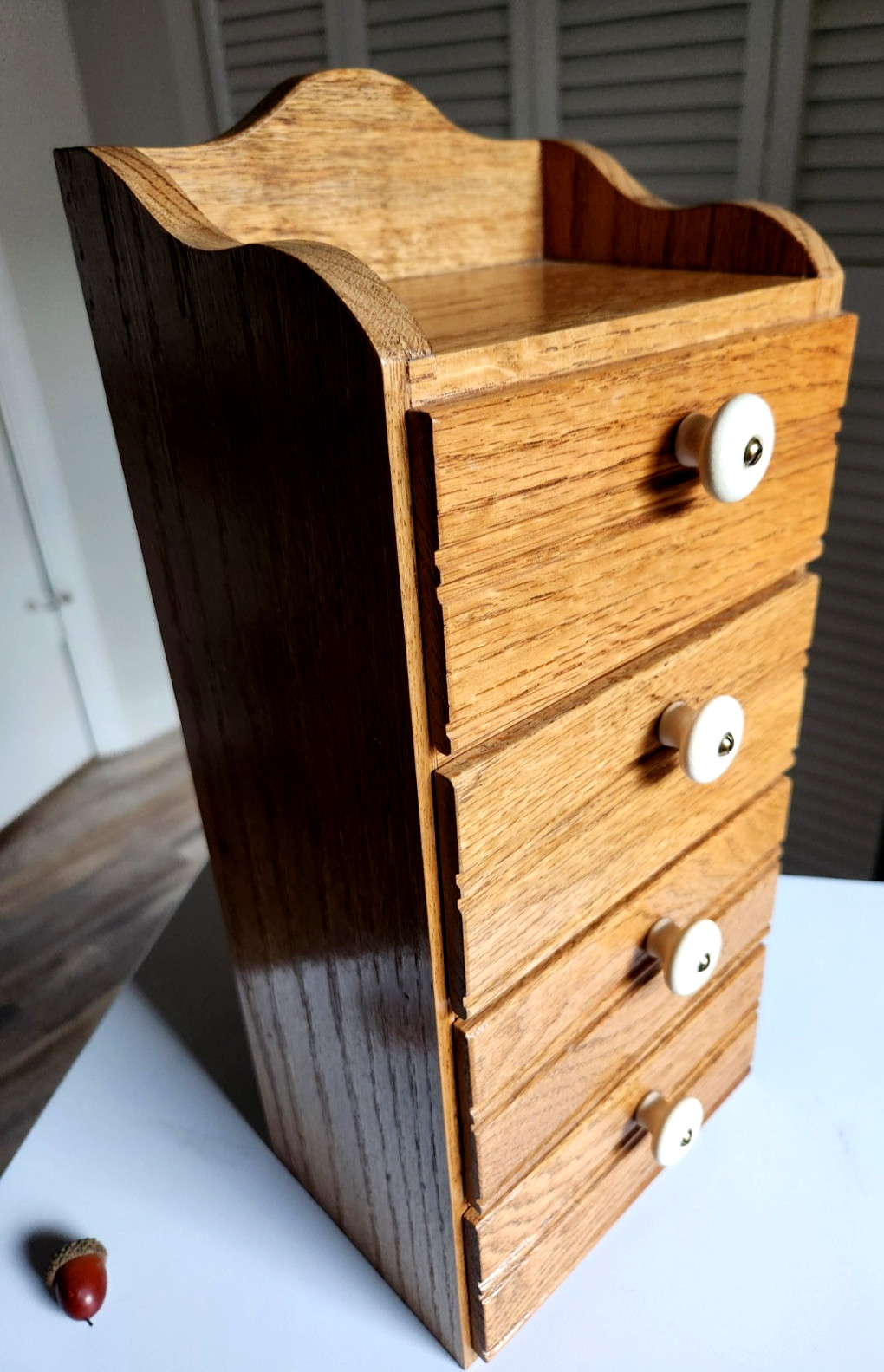 Vintage OAK Wood Hang or Stand Spice Box Cabinet 4 Drawer Porcelain/Brass Pulls