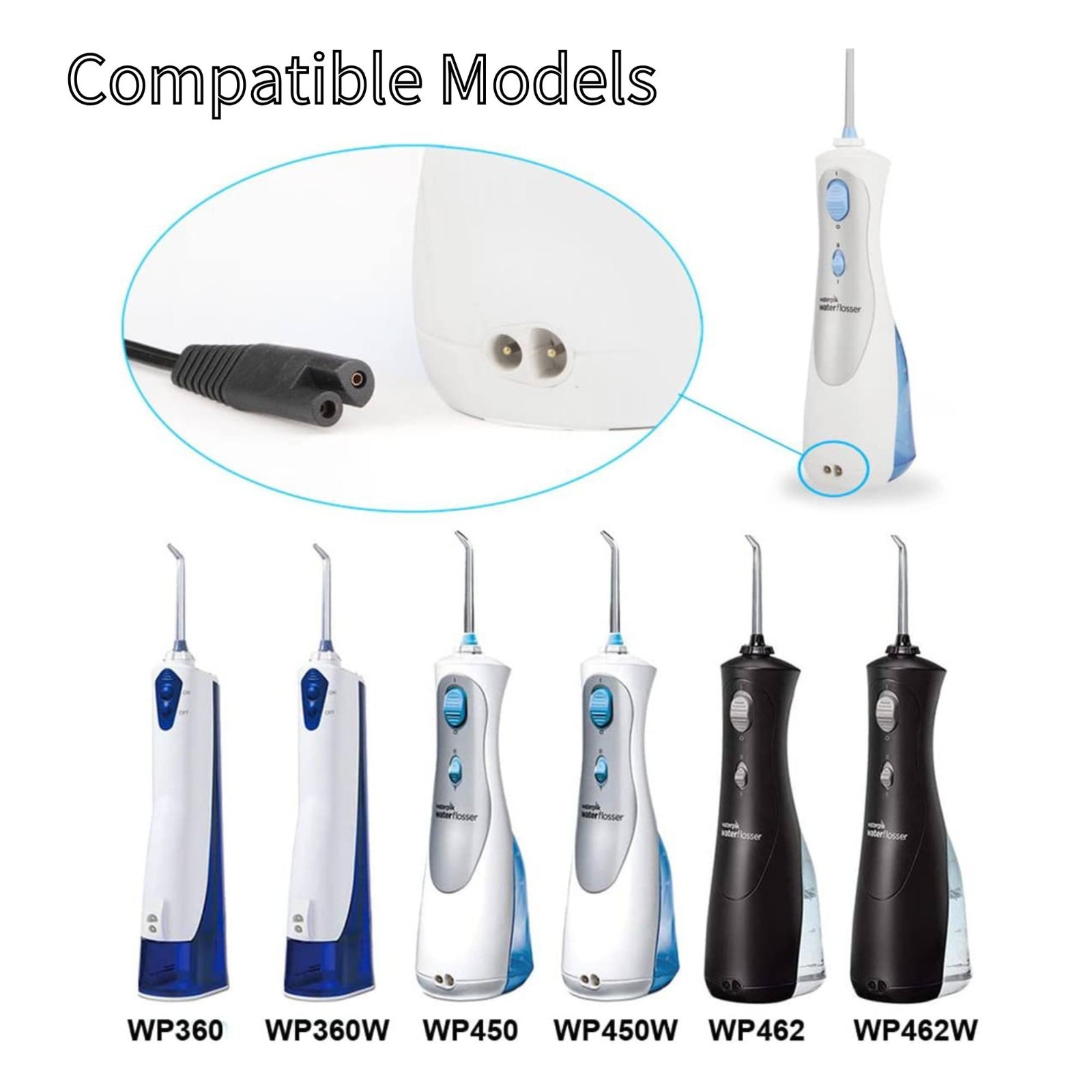 Power Cord Charger for Waterpik WP450 WP462 Cordless Flosser 3V Two Prong