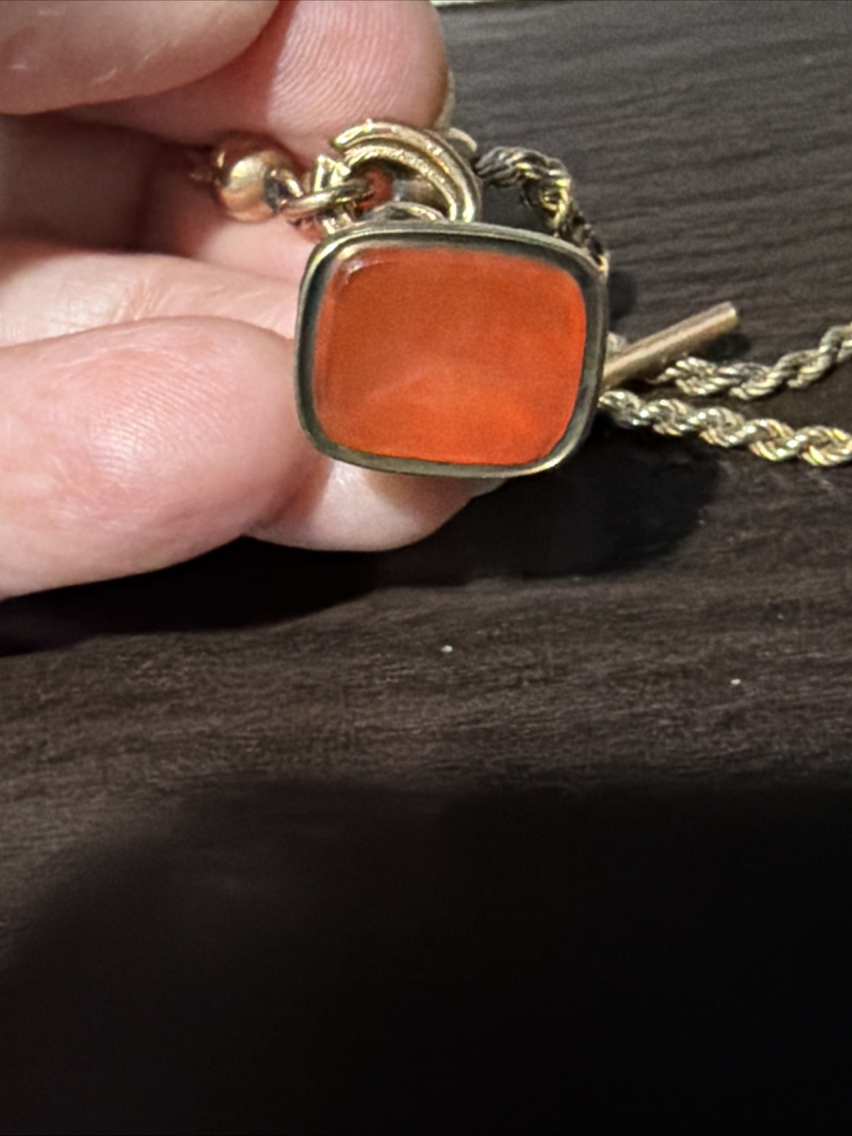 Victorian RFS Gold Tone Rope Link Watch Slider Chain Old Carnelian Fob 14k Tbar