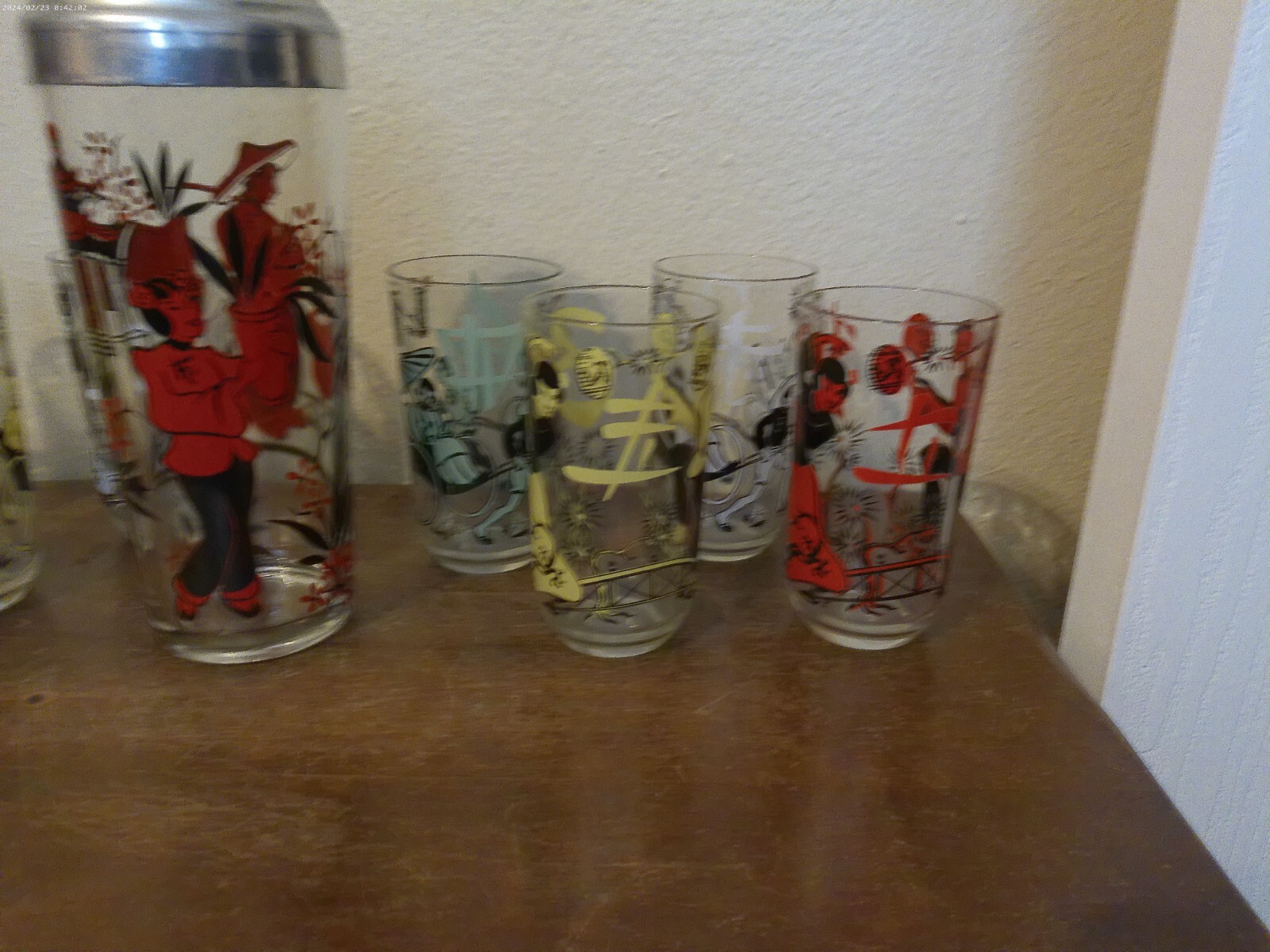 Vintage Mid Century Oriental Asian Design Cocktail Shaker and Eight Glasses