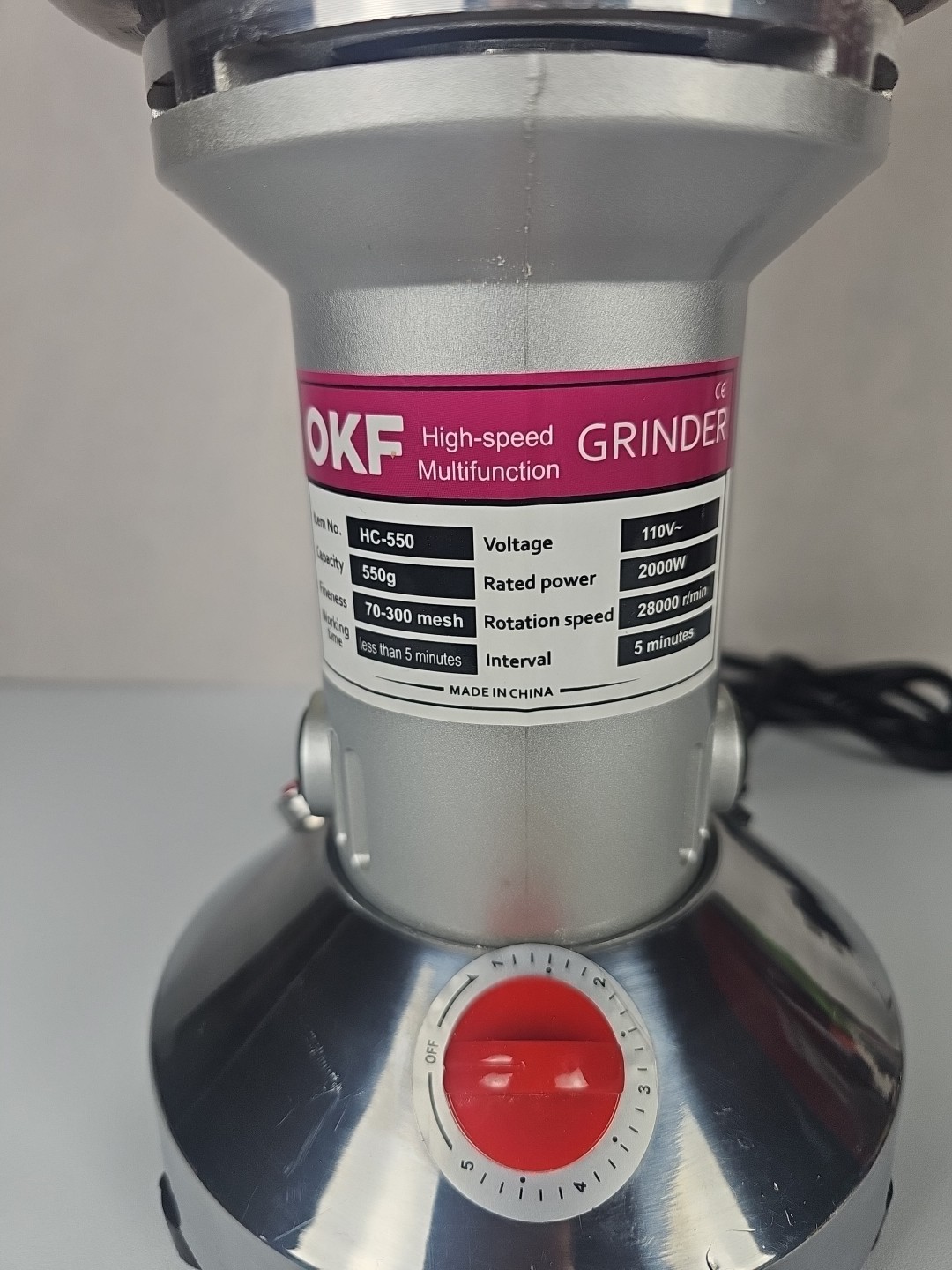 Spice Grain Mill Grinder Stainless Steel 2000W High Speed 550g Capacity