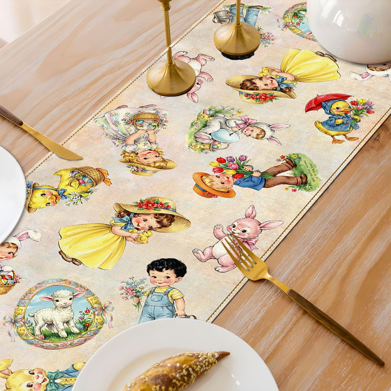 Vintage Easter Table Runner Spring Retro Bunny Duck Children's Baby Shower Party