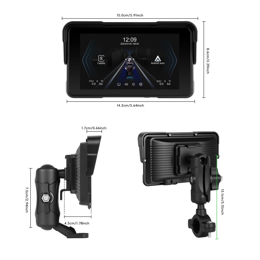 5" Apple CarPlay Android Auto Portable Screen Waterproof Navigator Motorcycle