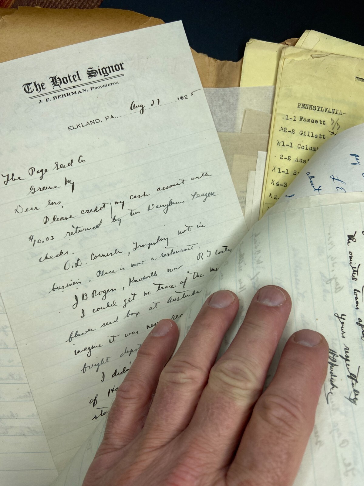 RARE Letter Archive - Traveling Salesman - Page Seed Co Greene, NY 1925 NY, PA,