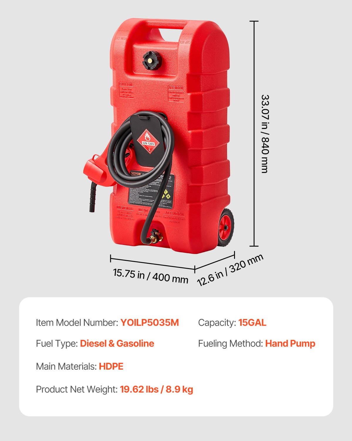 VEVOR Fuel Caddy 15 Gallon Portable Fuel Tank with Gravity & Hand Pump Modes