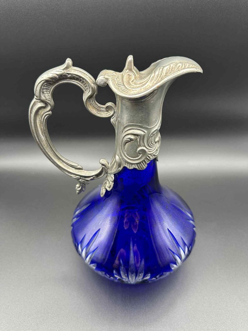 Antique Bohemian Cobalt Cut Glass Pitcher Pewter Mounted Art Nouveau 8.75”
