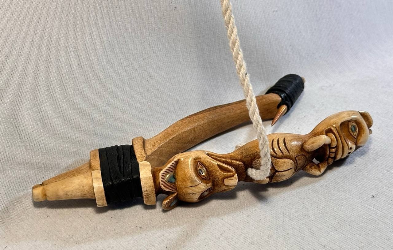 Wolf and Beaver Totem Halibut Hook, Shell Inlay, Northwest Coast Design