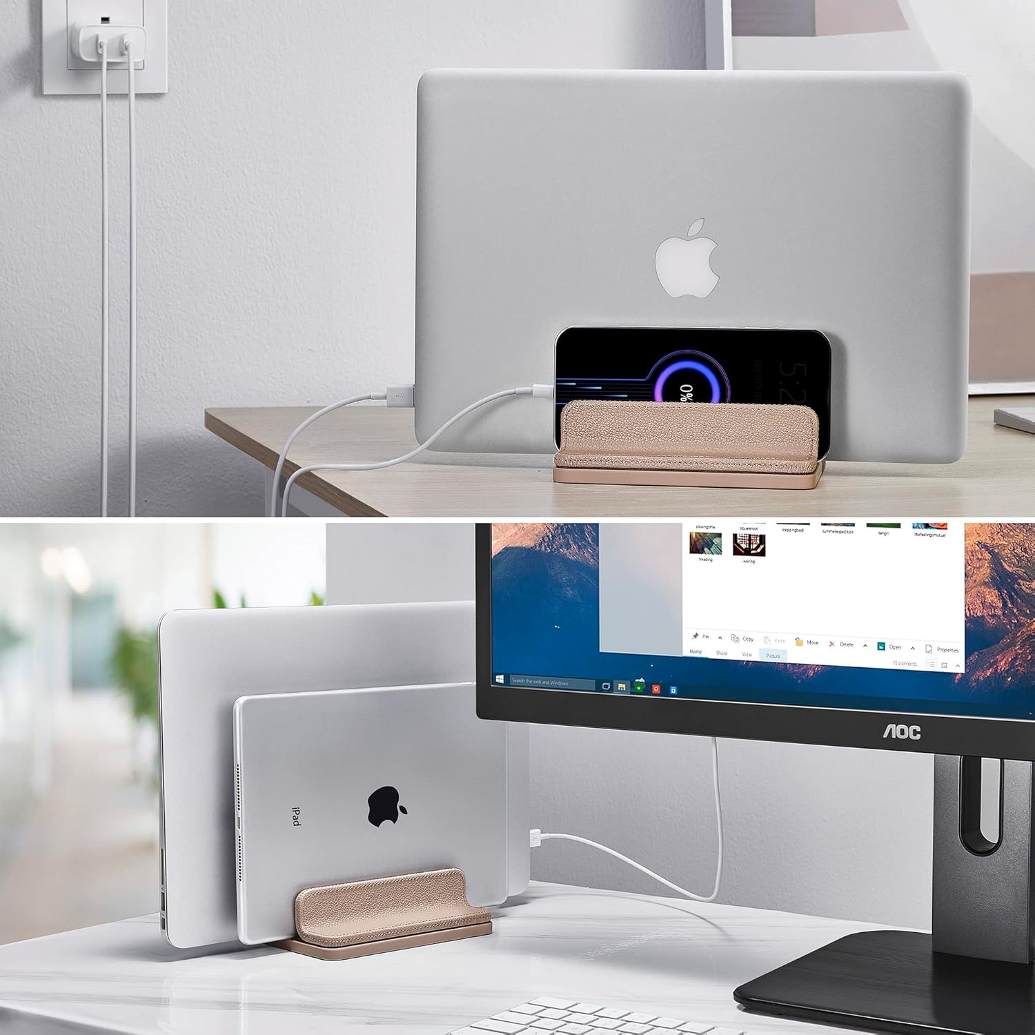 Leather Vertical Laptop Stand,Dual Laptop Holder Stand,Laptop Organizer with Adj