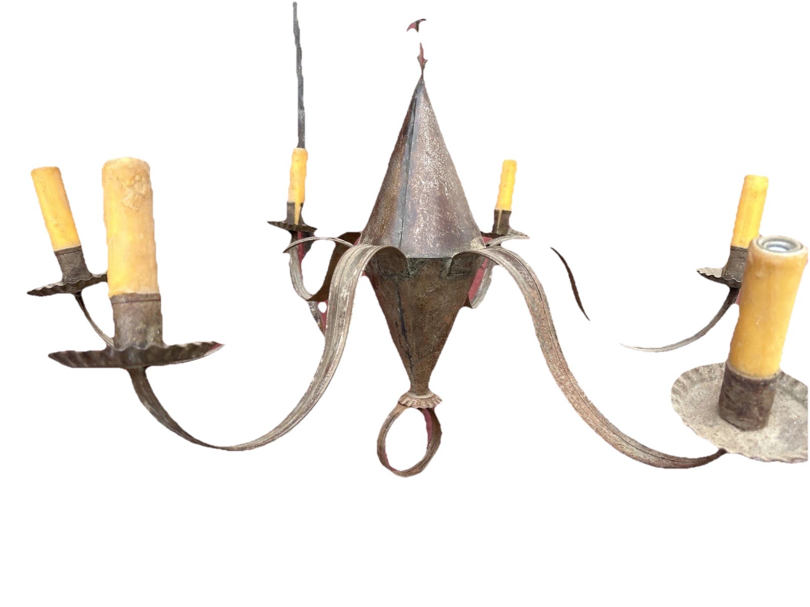 ANTIQUE HAND FORGED EARLY AMERICAN COLONIAL STYLE 6 ARM TIN CHANDELIER