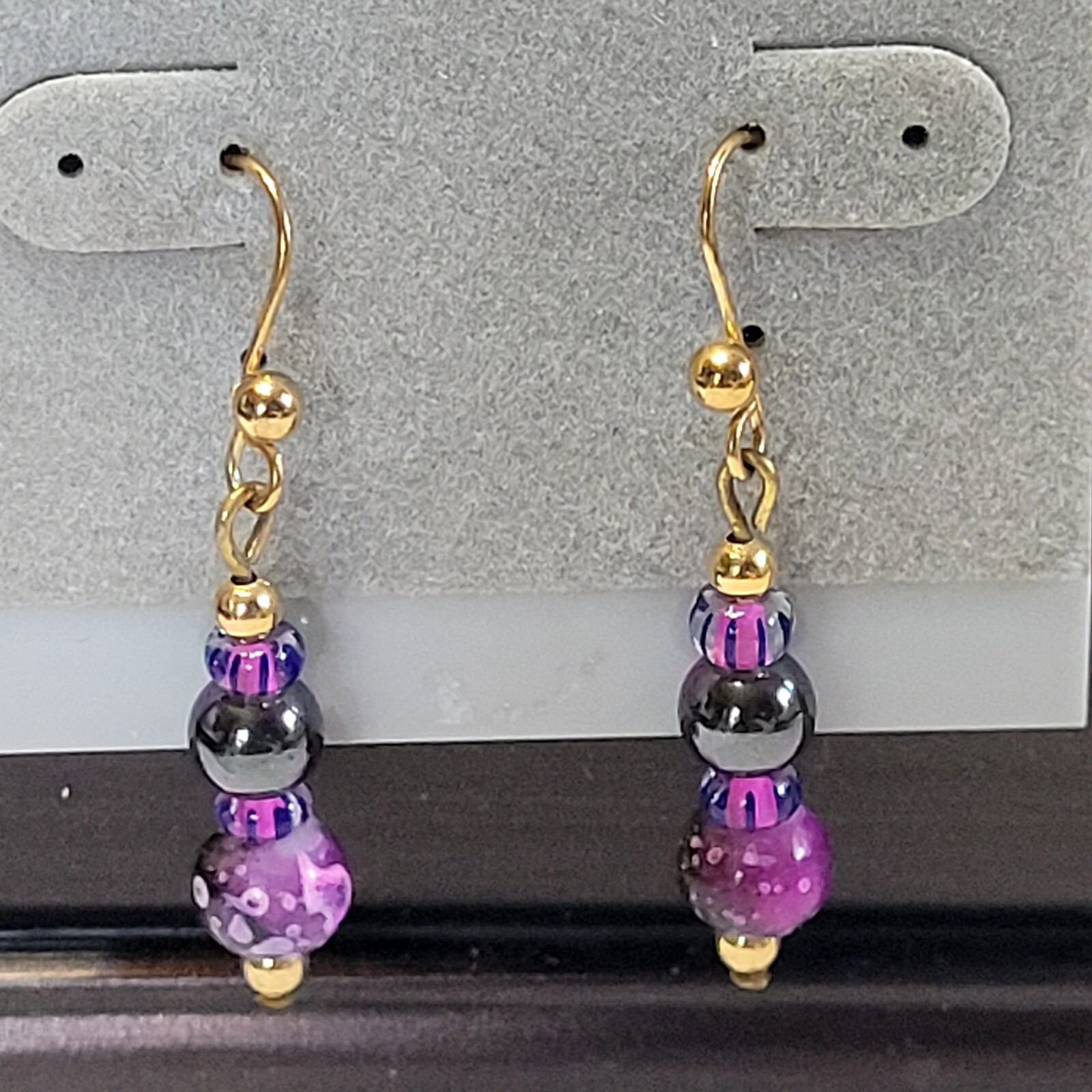 Goldtone  Purple, Black, And Gold Beaded Pierced Hook Earrings