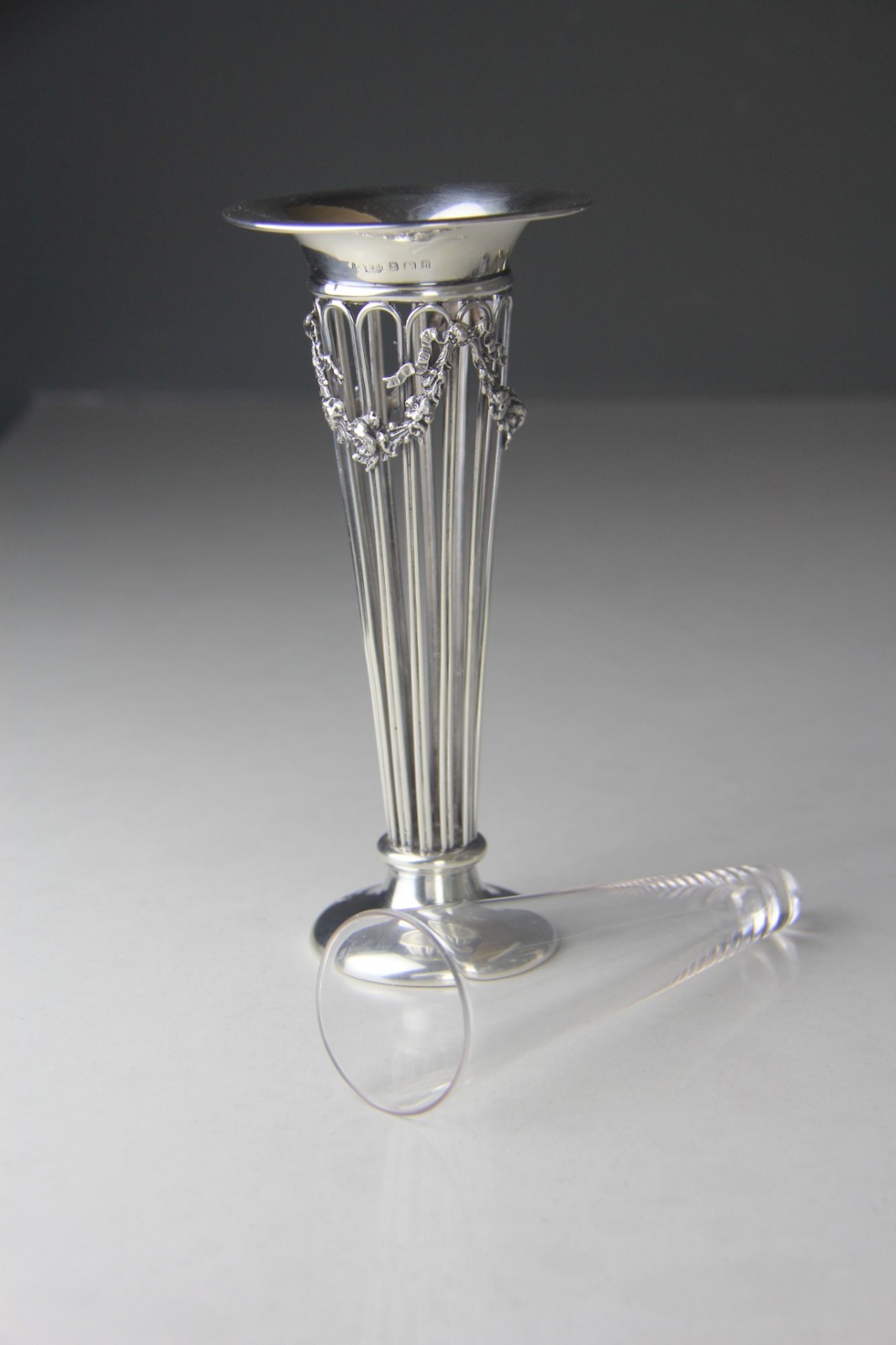 1907 J.B & Co. Birmingham Weighted Sterling Silver Vase with Glass Liner w/ Mono