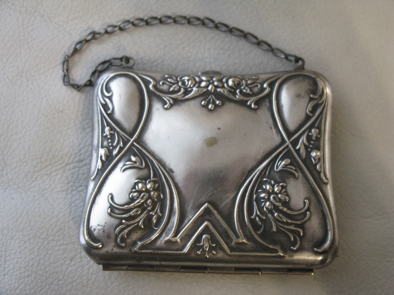 Antique Art Nouveau Silver Floral Card Case Mirror Lipstick Holder Purse Wallet
