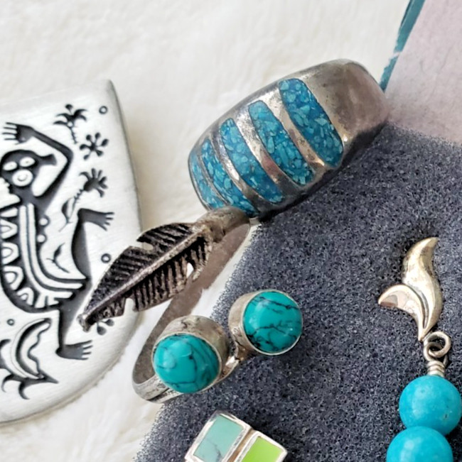 Southwest jewelry lot Sterling Brass Turquoise etc Singed J King DTR Deplause&