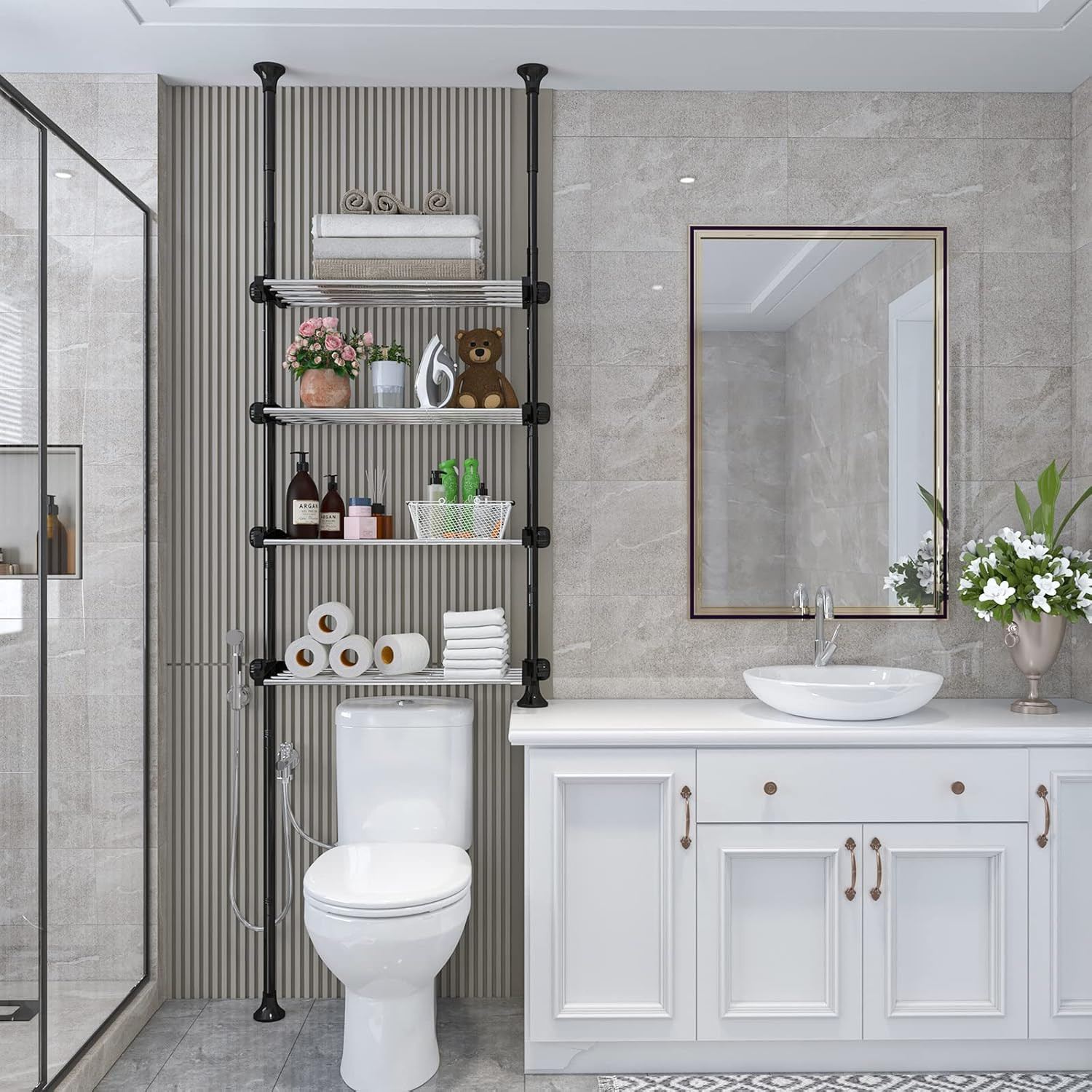 4-Tiers- 97 to 116" Adjust Tension Pole room Toilet Organizer Shelves Rack Black