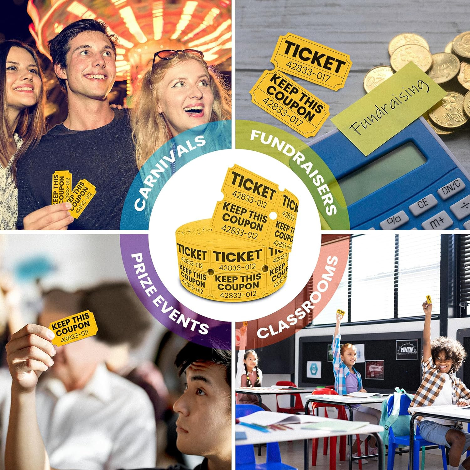 2000 Pcs (1000 Pairs) Raffle Tickets Double Roll, 50/50 Yellow Raffle Tickets fo