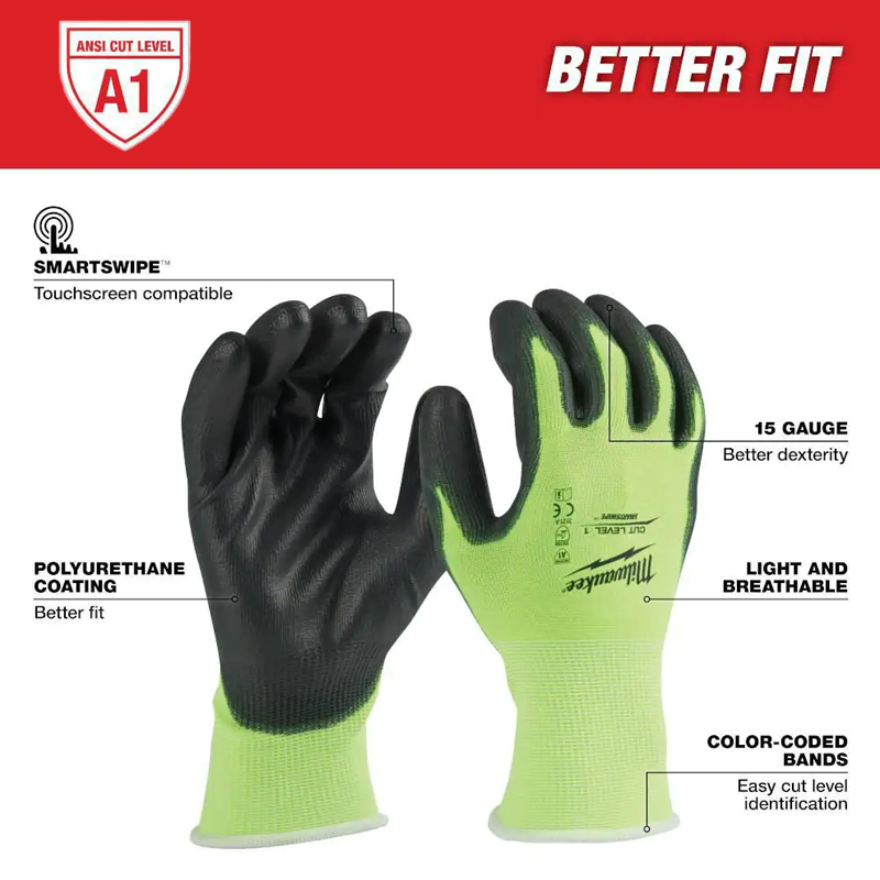 New Milwaukee Work Glove High Visibility Cut Level 1 Polyurethane Dipped 12 Pair