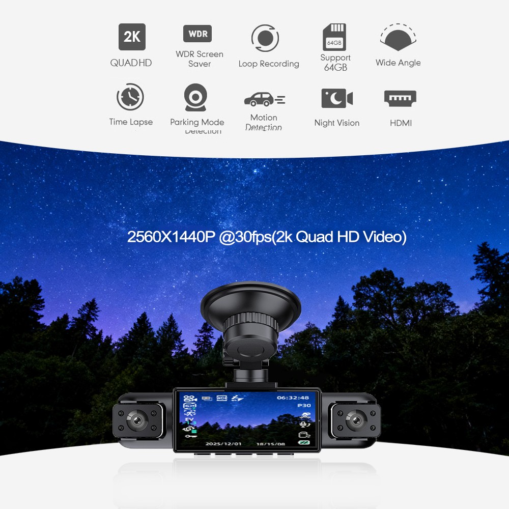 2K 4 Channels Dashboard Camera Dash Cam CAR DVR Driving Recorder 3.16 IPS Screen