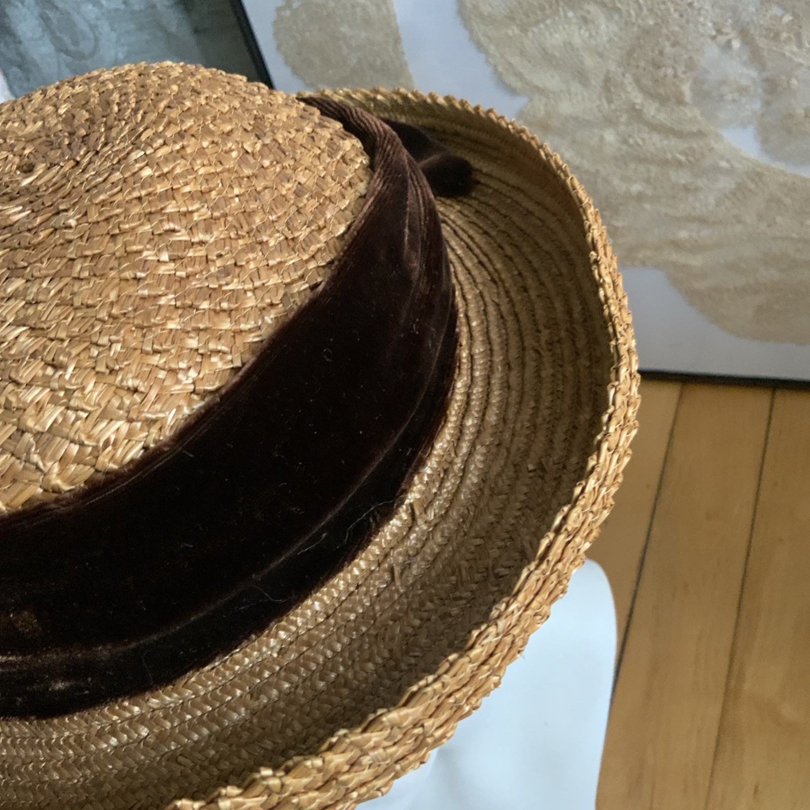 STRAW BOATER SKIMMER HAT BROWN RIBBON BOW VINTAGE WOMENS SIZE 22 ROLLED BRIM