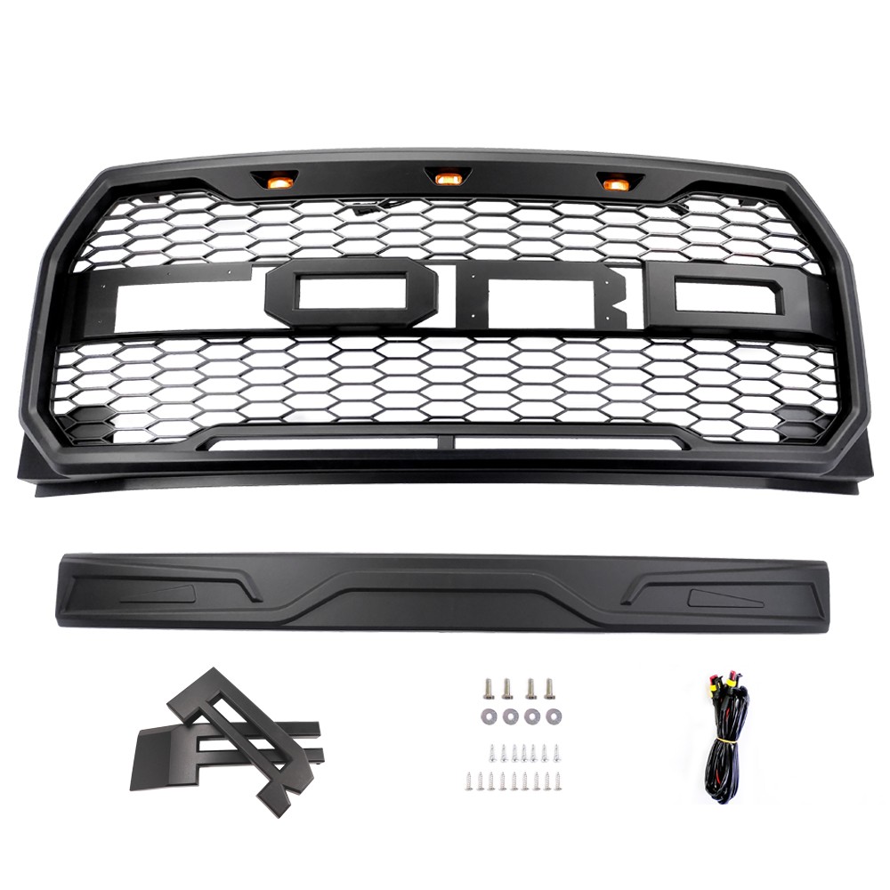 For 2015-2017 Ford F150 Grille Raptor style Front Bumper Grill W/LED Matte Black