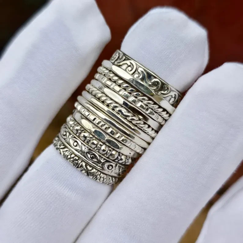 925 Sterling Silver Stacking Rings Set: Twisted, Beaded, Floral, Dotted All Size