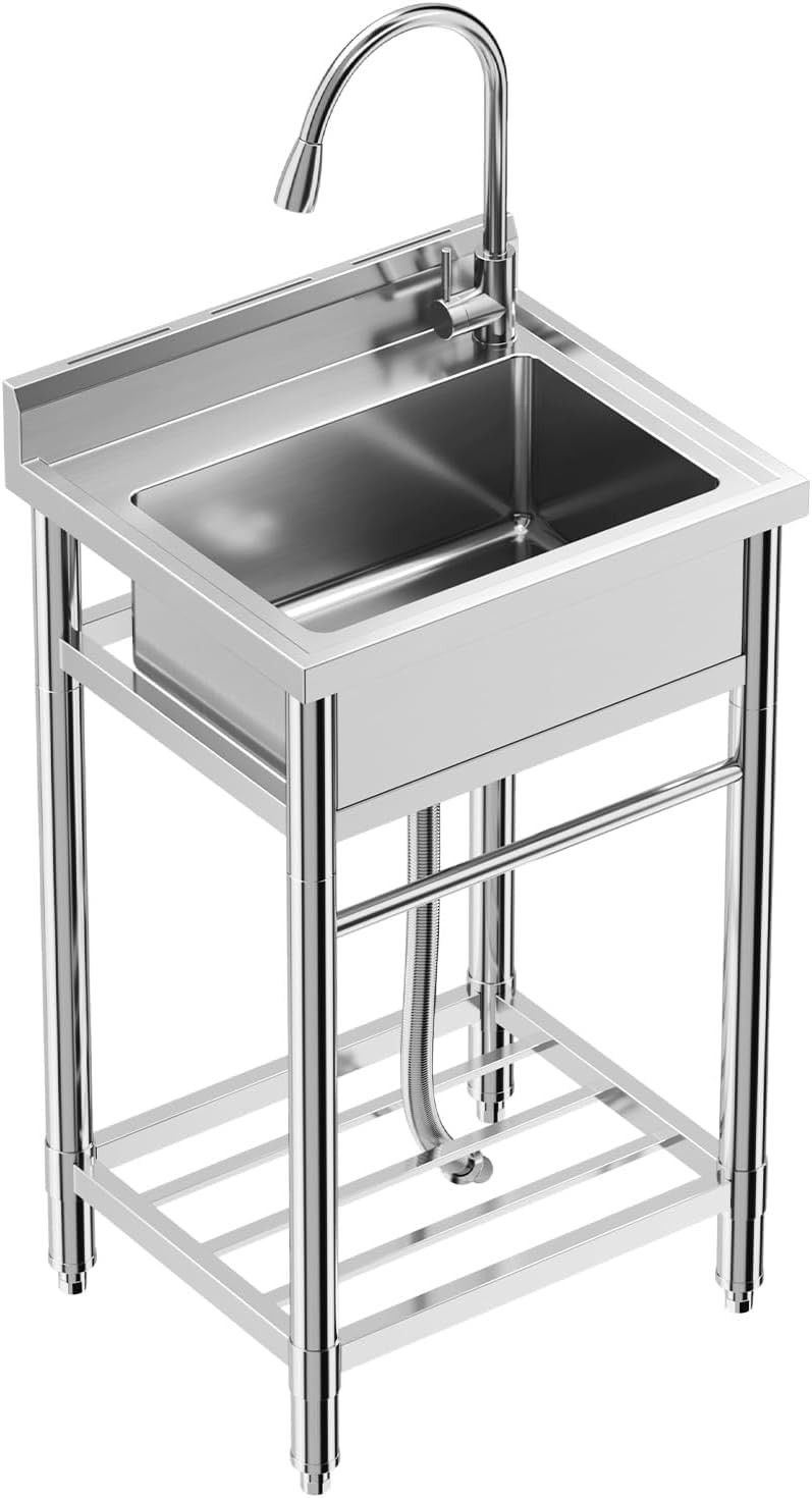 24"x20"x41" Stainless Steel Utility Sink Freestanding Single Bowl W/Water Faucet