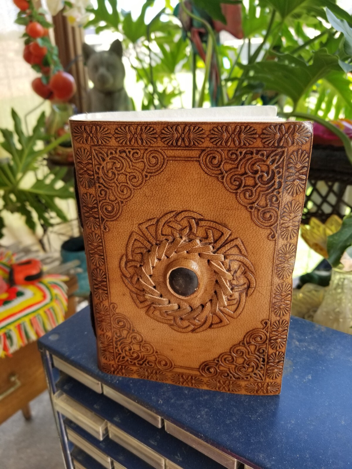 Chakra Leather Journal Notebook Handcrafted Etched Design With Stone Blank Diary