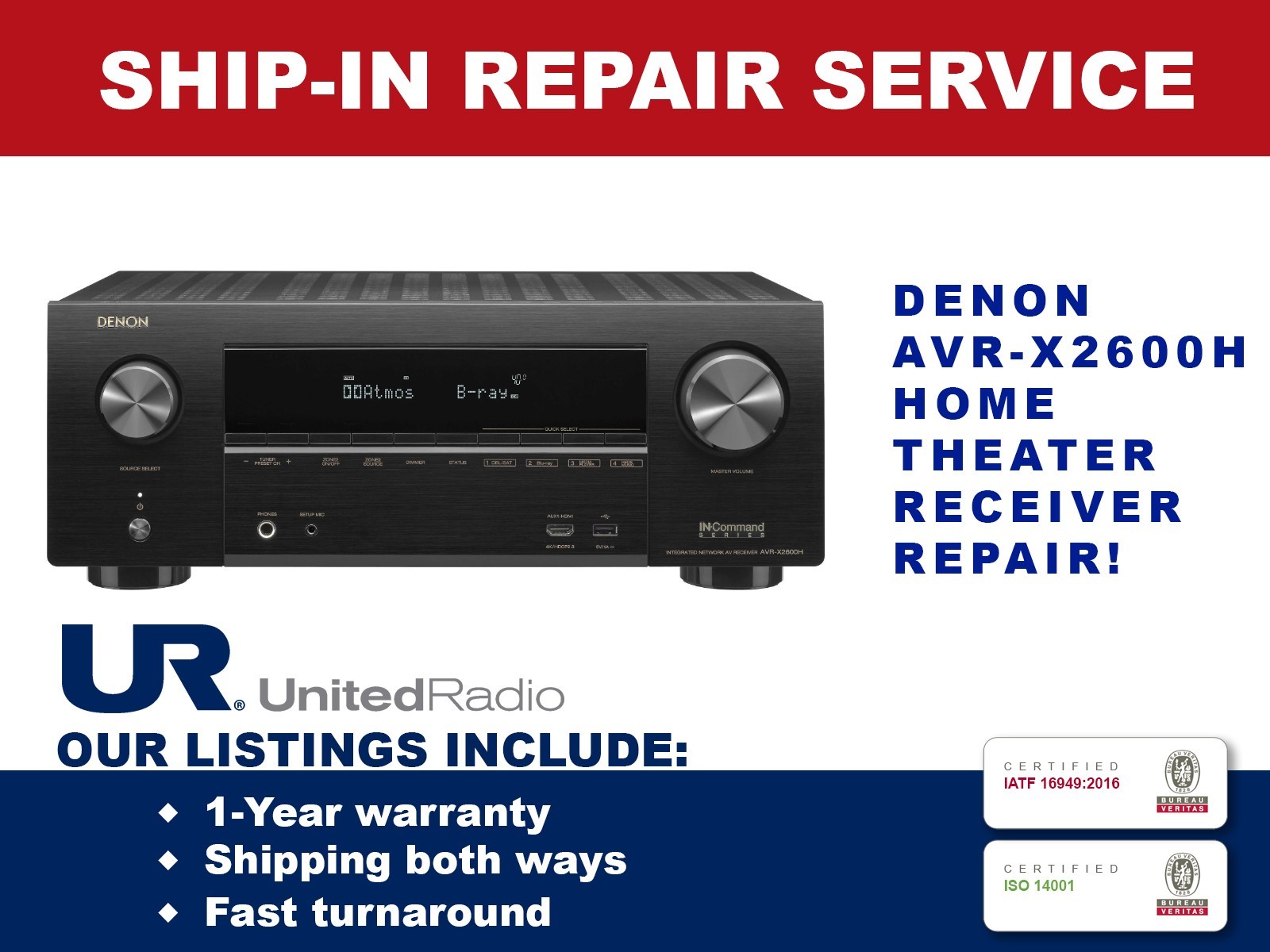 REPAIR SERVICE FOR DENON AVR-X2600H 7.2 CHANNEL HOME THEATER RECEIVER