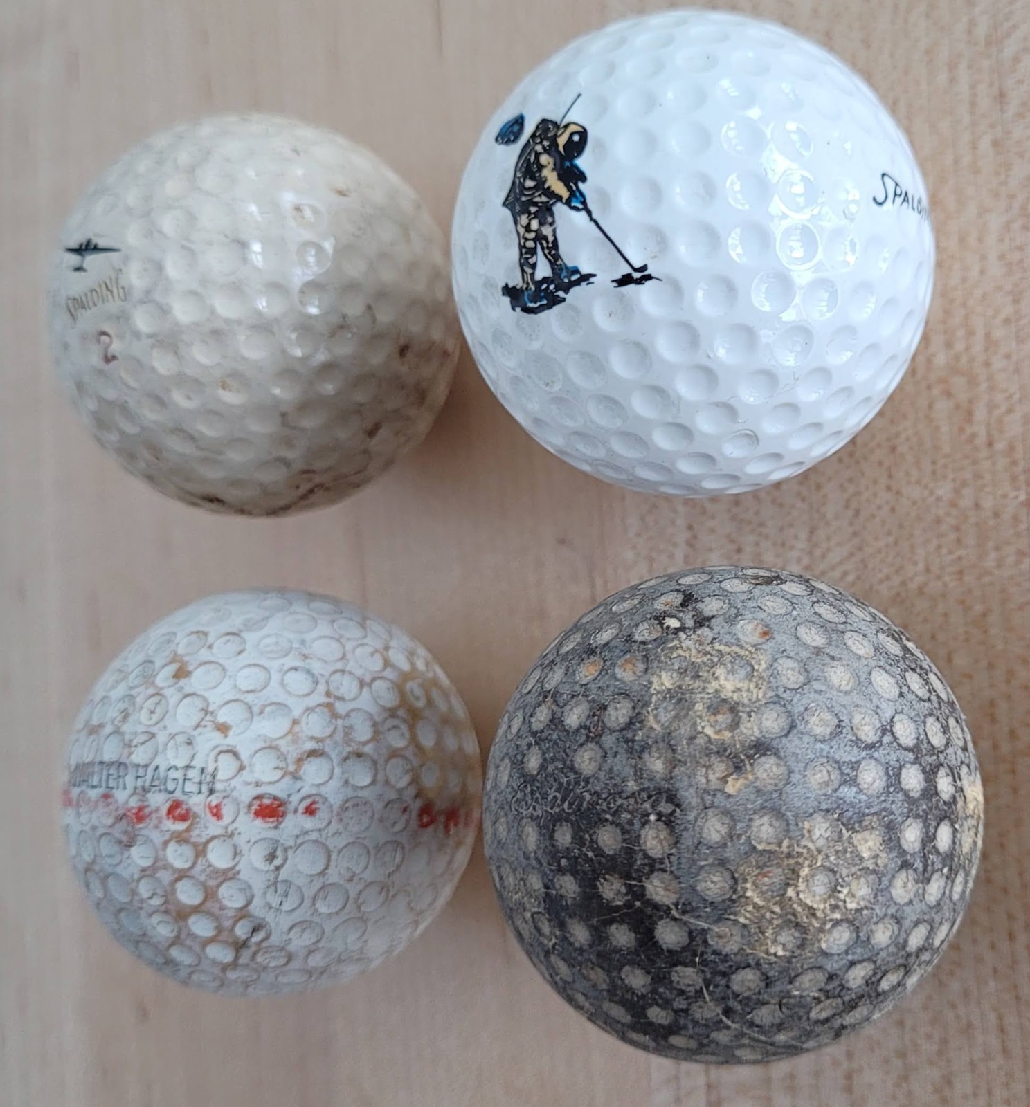 4 Antique Vintage Golf Balls Walter Hagen Speed Flo Moon Airplane Espinosa