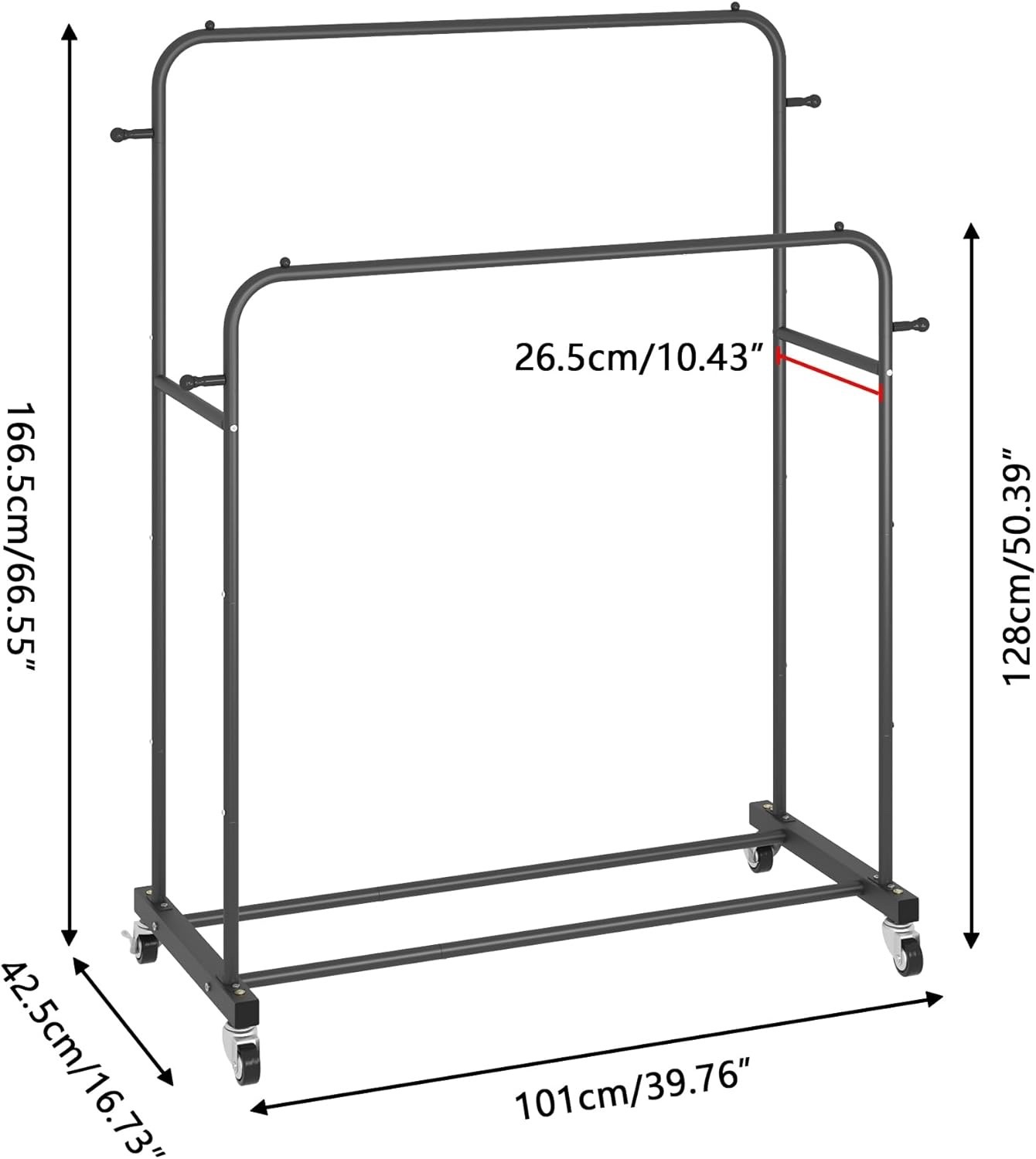 Laiensia Double Rods Garment Rack with Wheels, Clothing Rack for Hanging Clothes
