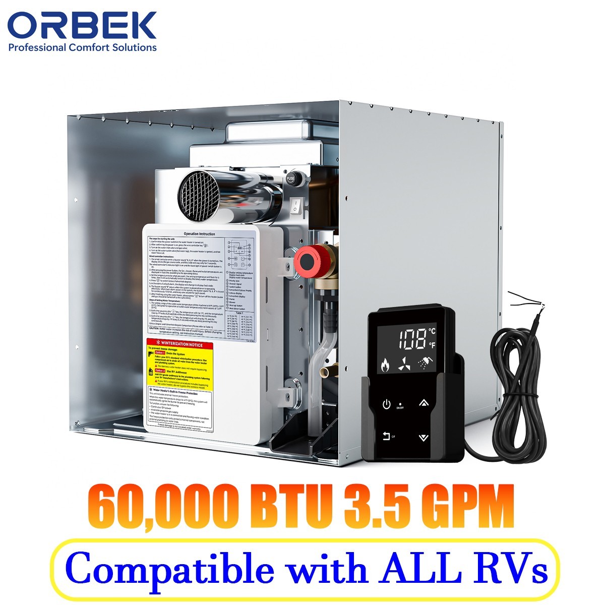 RV Tankless Water Heater 60,000 BTU 3.5 GPM NO Door With Controller DC 12V