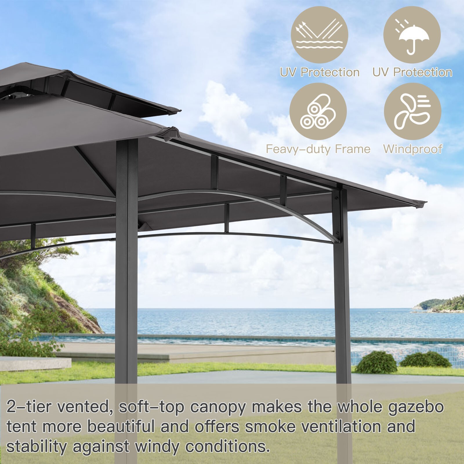 8'x 5' Outdoor Grill Gazebo Barbecue Canopy BBQ Grill Tent w/ Hard Top Gray