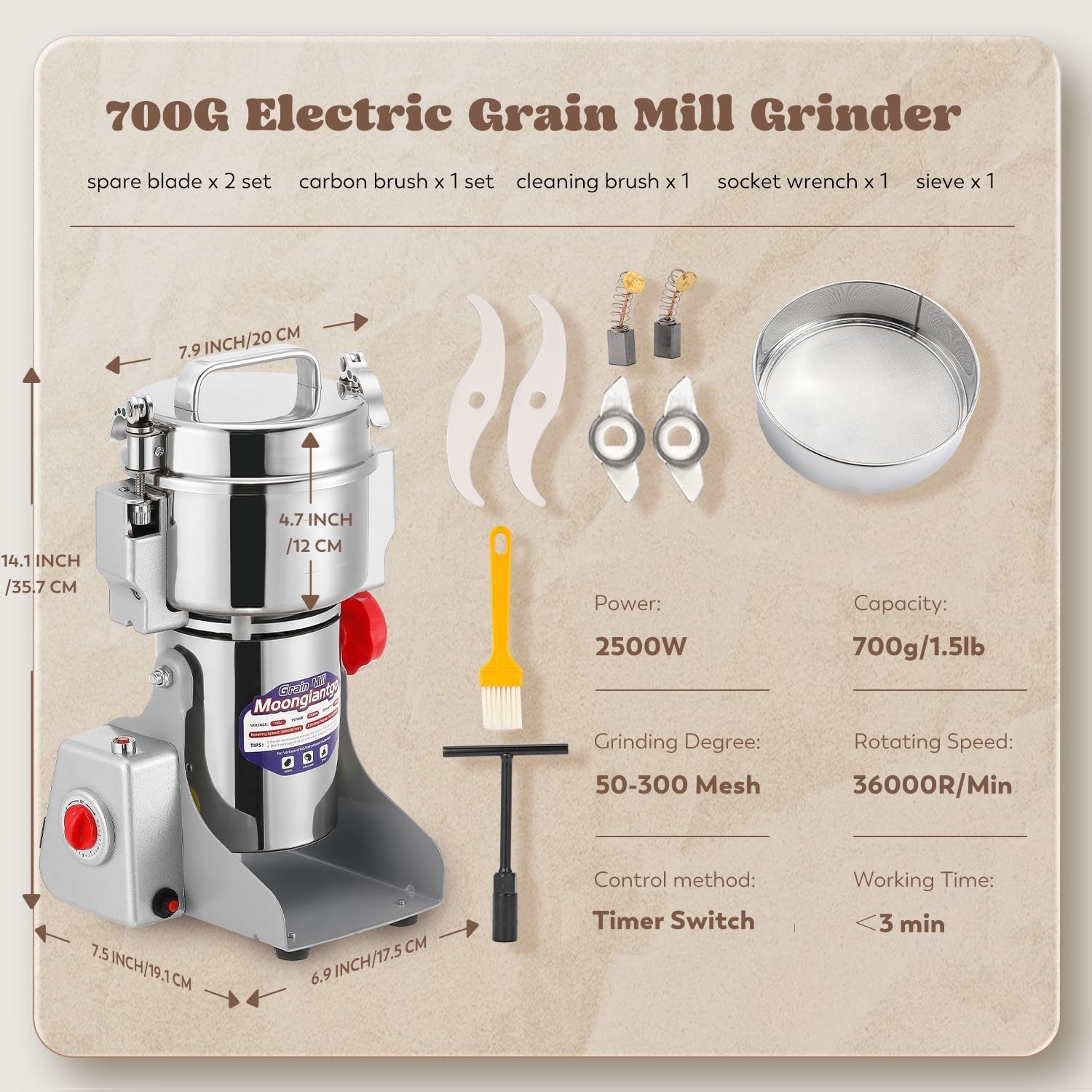 700g Grain Mill Grinder Commercial Spice Grinder 2500W 110V