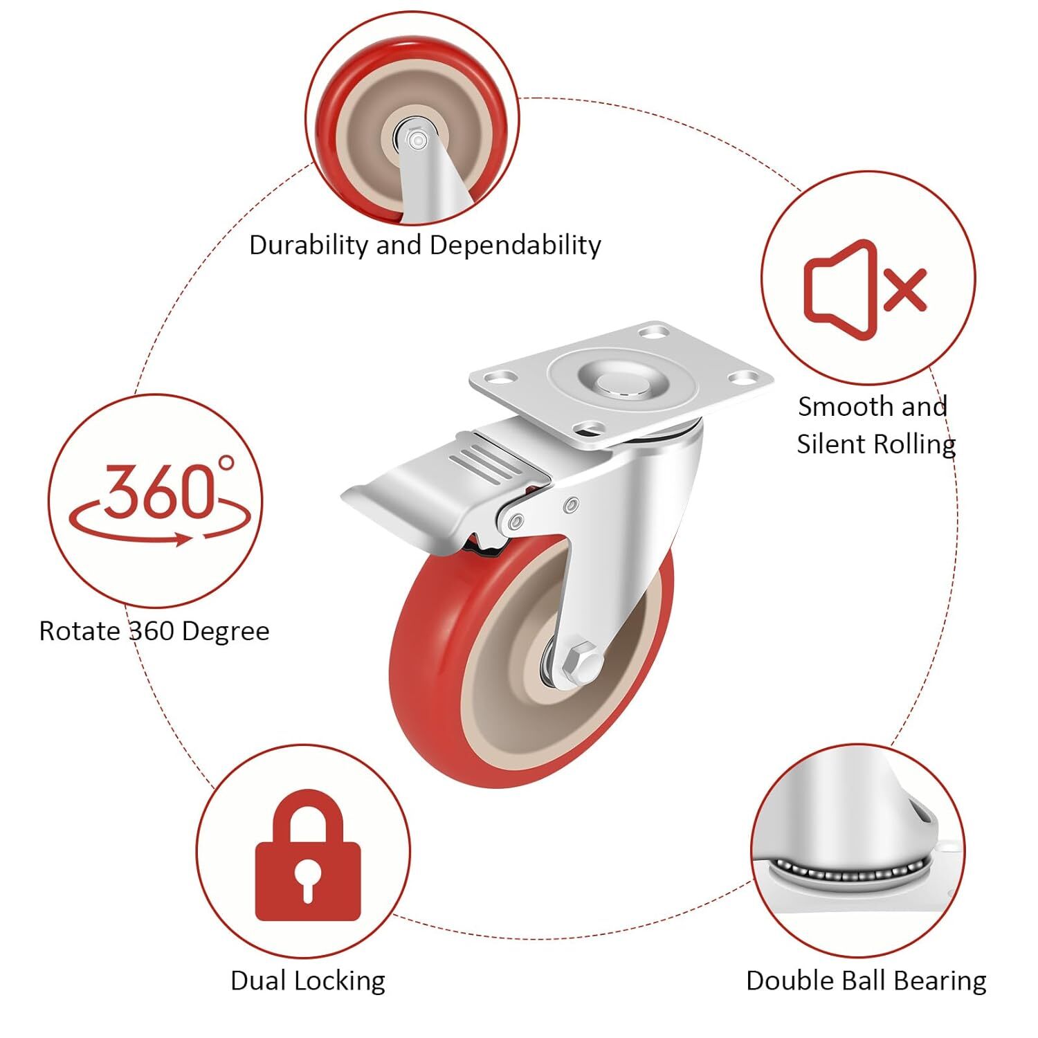 8 Pack Heavy Duty 4'' Caster Wheels Swivel Plate Polyurethane Wheels w/Brake US