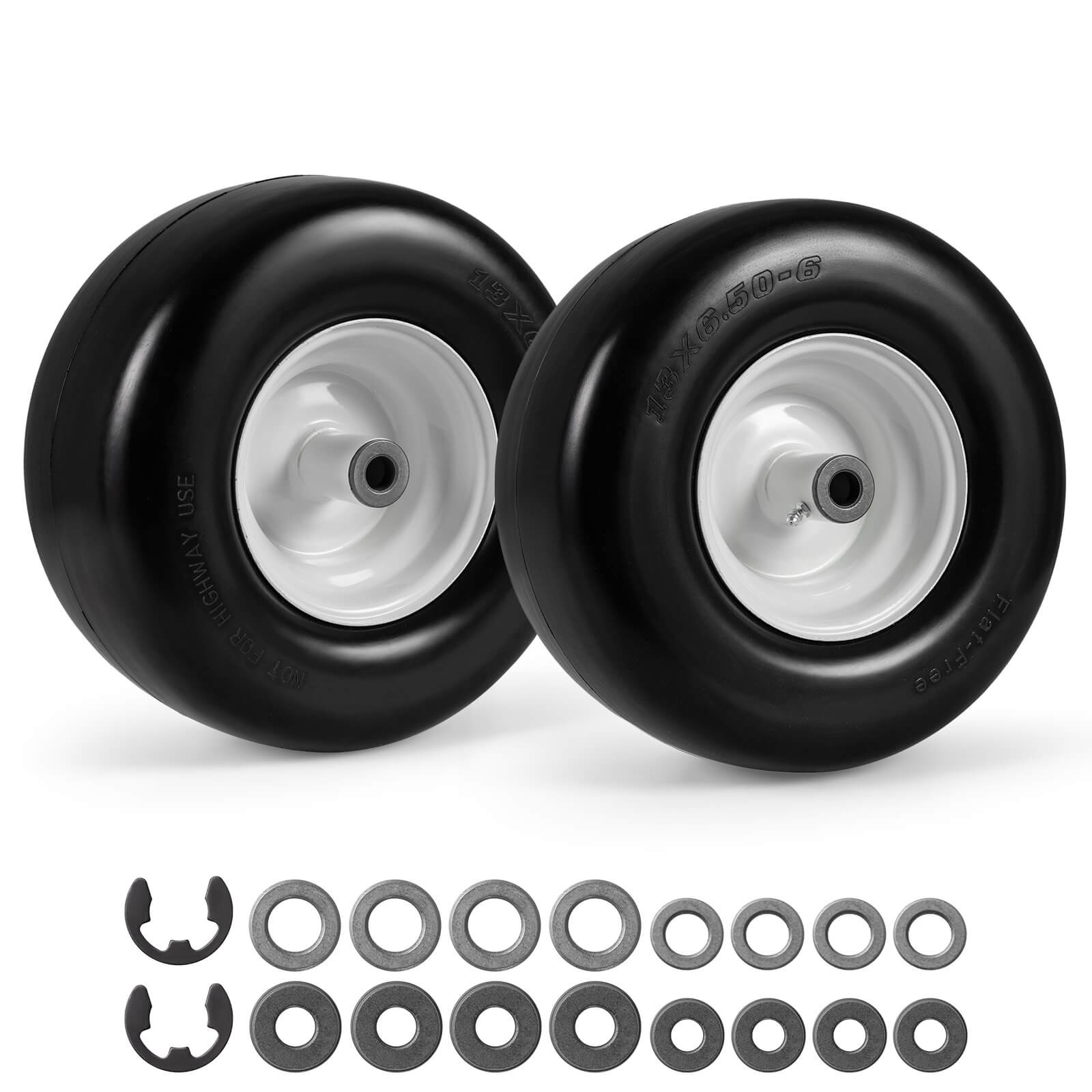 2 Pack 13 x 6.50-6 Flat Free Tires & Wheels w/5.5"-6.8"Centered Hub 3/4" Bushing
