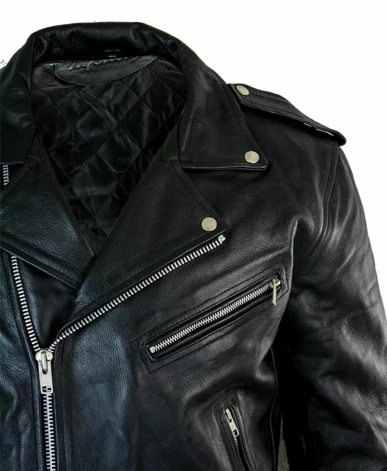 Men's Motorcycle Leather jacket Genuine Buffalo Skin Brando Style Black Biker
