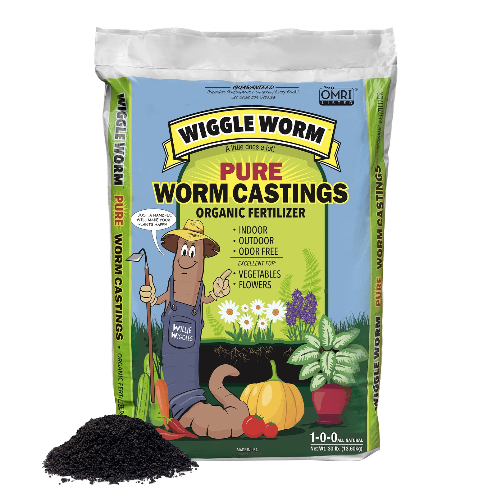 Wiggle Worm 100% Pure Organic Mineral-Dense Worm Castings Fertilizer, 30lbs