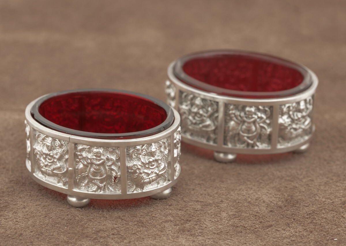 Pair Antique Victorian Sterling Silver & Cranberry Glass Salts Hallmarked 1888