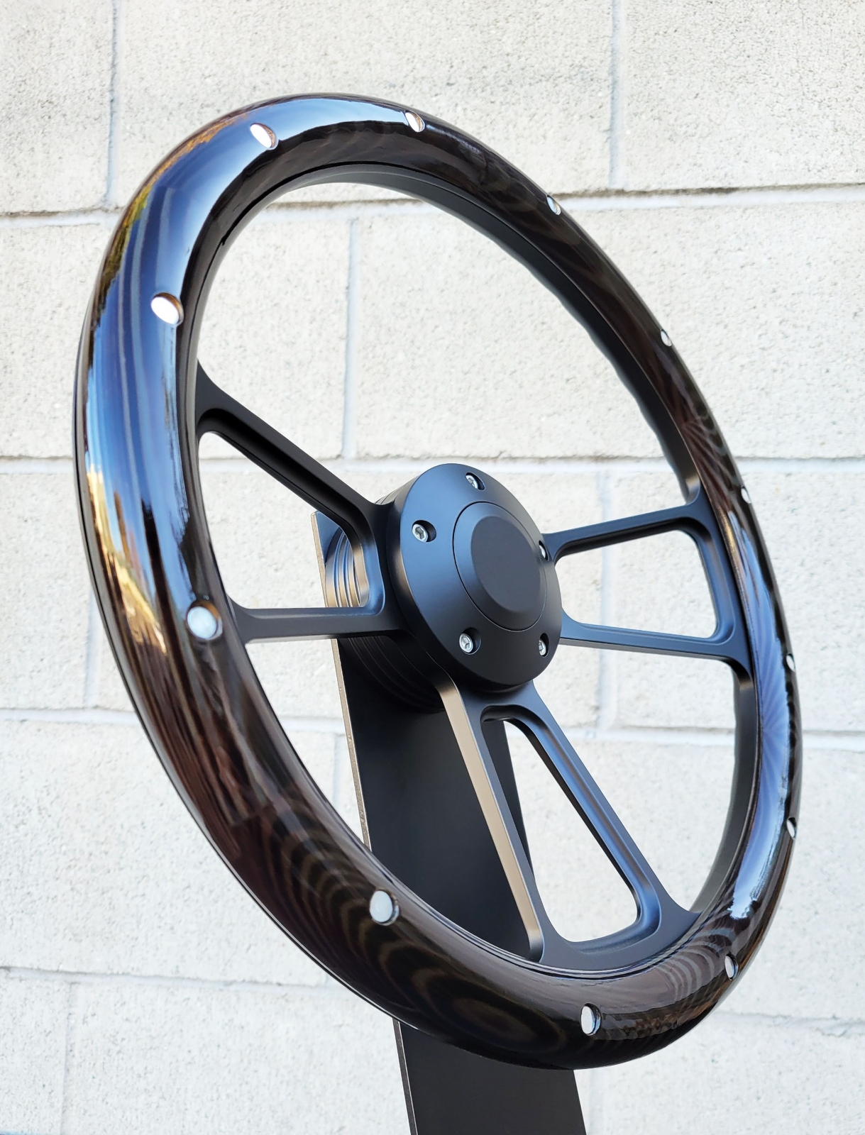 14" Black Billet Steering Wheel Dark Burnt Flame Pine Wood Real Aluminum Rivets