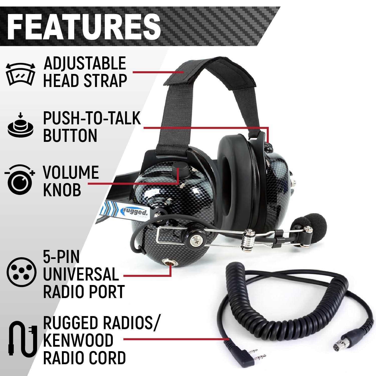 H41 Behind The Head Headset w/ Adapter Cable for Rugged Radios, Kenwood, Racing
