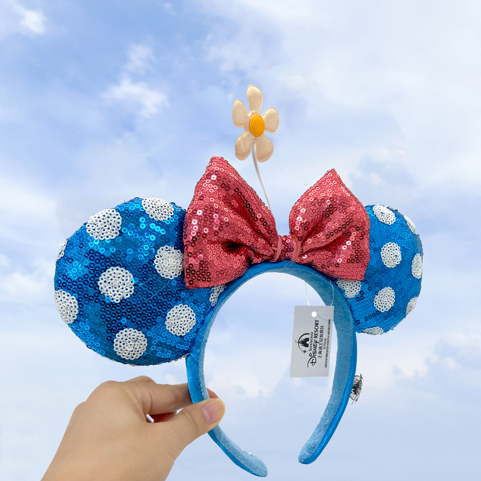 Disney Parks Minnie Ears Headband Blue Polka Dot Sequin Bow