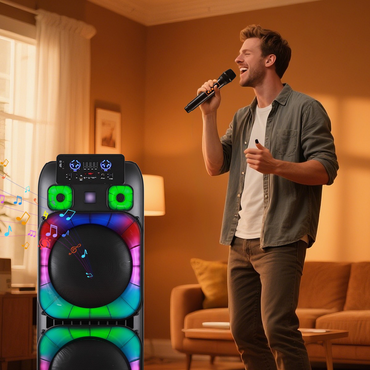 Portable Bluetooth Party Speaker PA System with Dual 15'' Subwoofer 2 Microphone