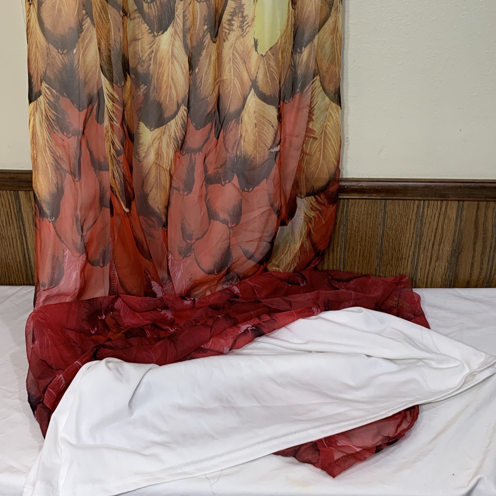 Long Maxi Skirt Size Small Sheer Overlay Lined Multi Color Feather Prints Charm